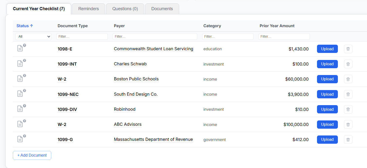 Firm-side checklist listing the source documents requested from one client.