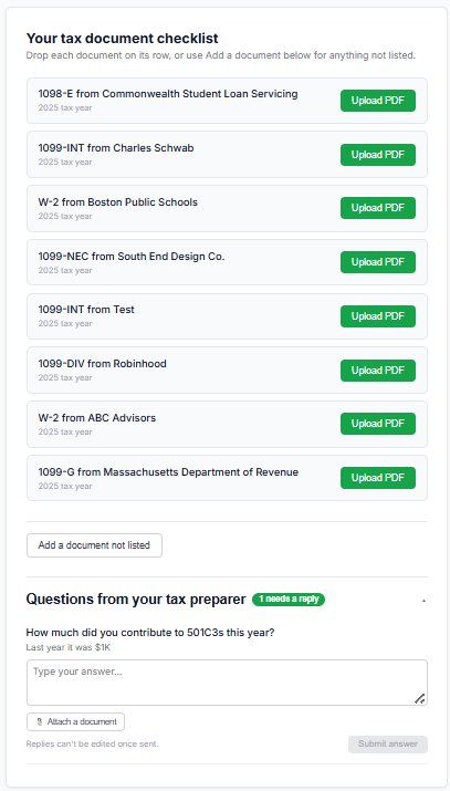 Client upload page opened from a secure link, with no account required.