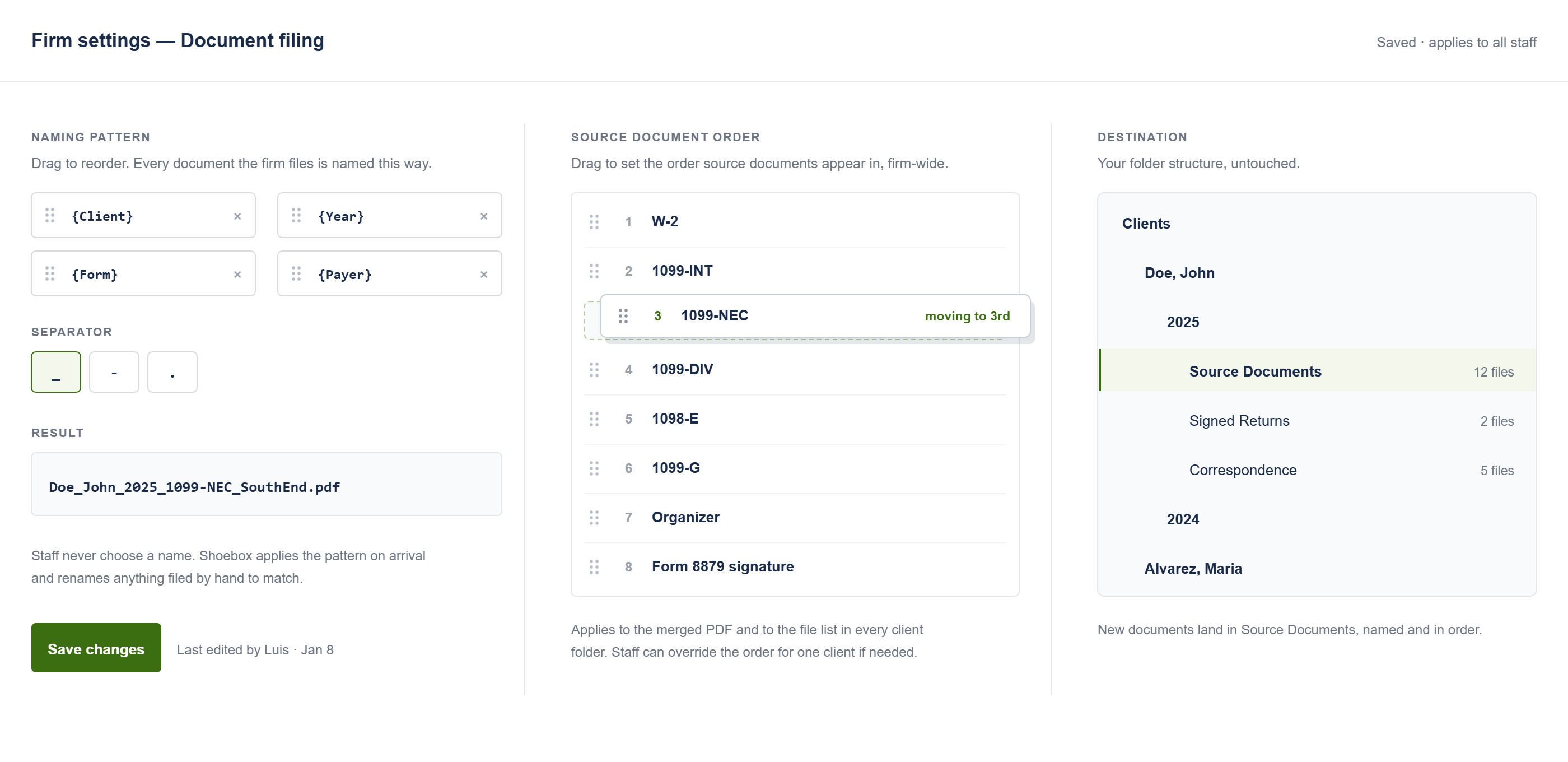 Firm filing settings where the naming convention and folder structure are configured.