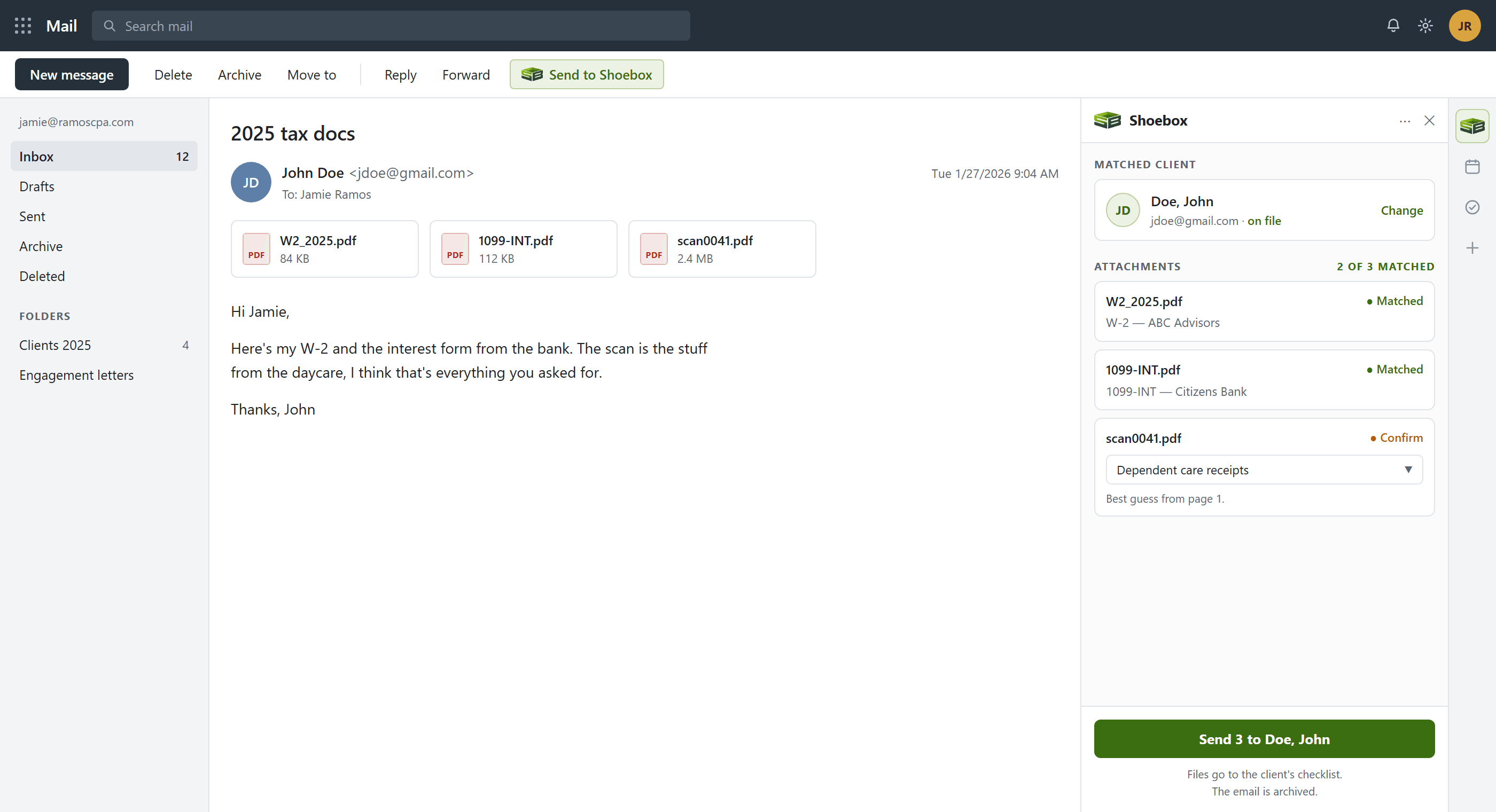 A client's email open in a mail app, with the Shoebox panel beside it matching two of its three attachments to checklist lines and asking the preparer to confirm the third.