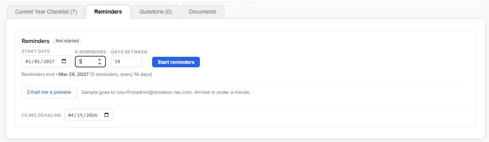 Reminder preference settings showing the firm-wide follow-up schedule.